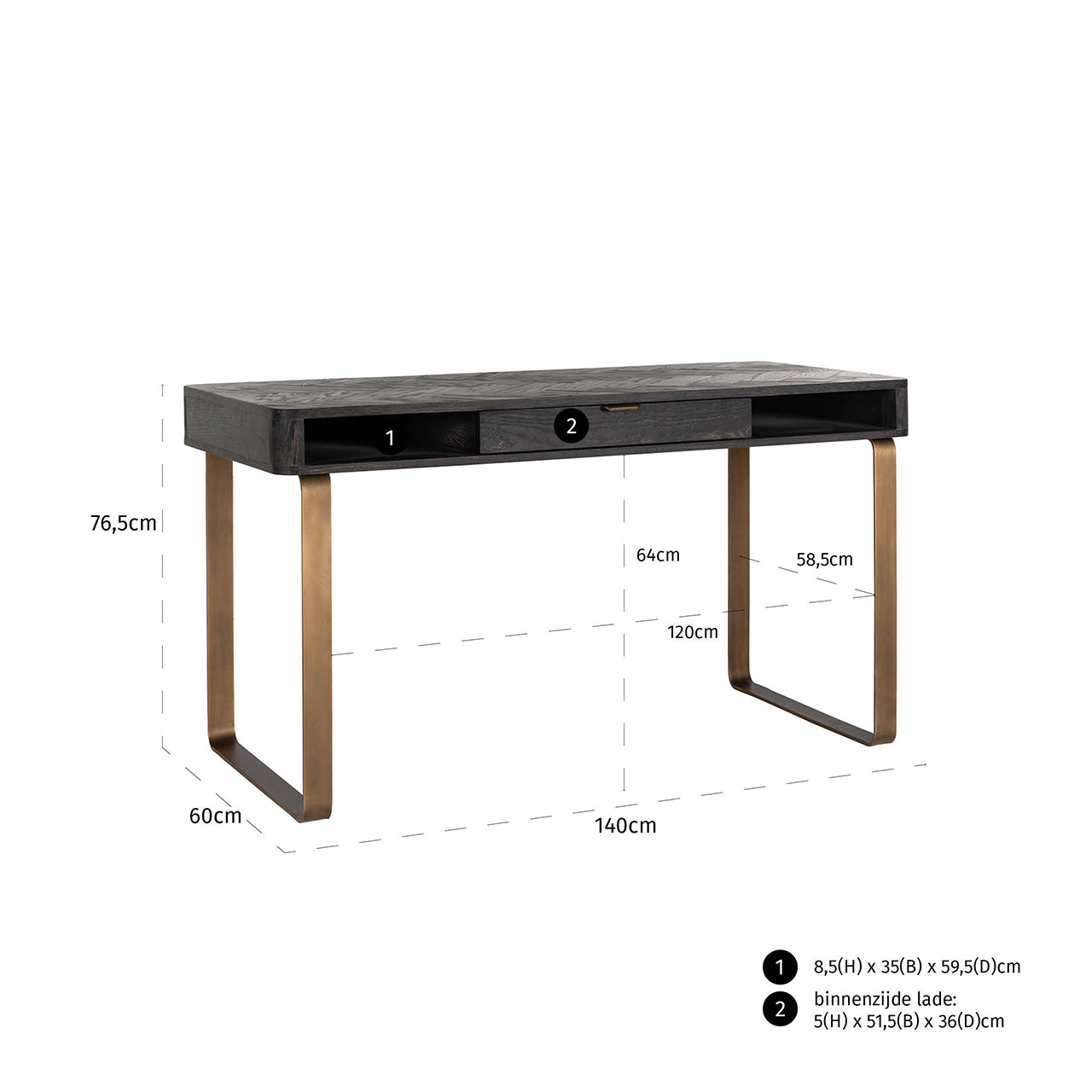 Bureau Blackbone messing 1-lade (Zwart rustiek)