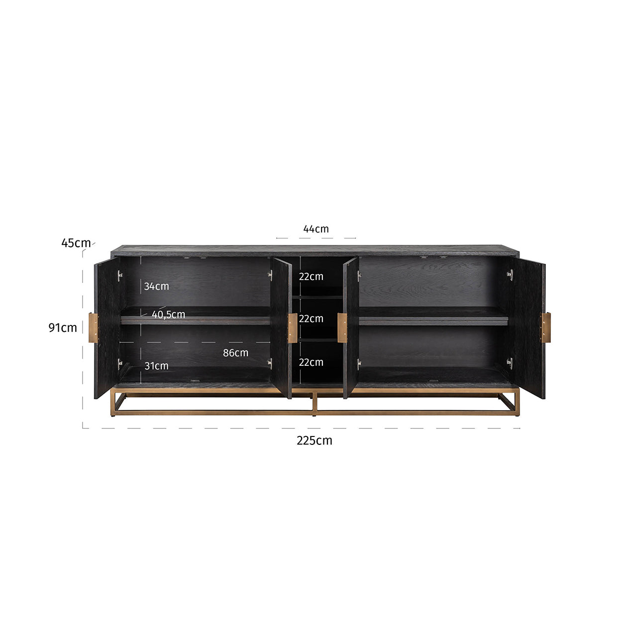 Dressoir Blackbone messing 4-deuren + open vak (Zwart rustiek)