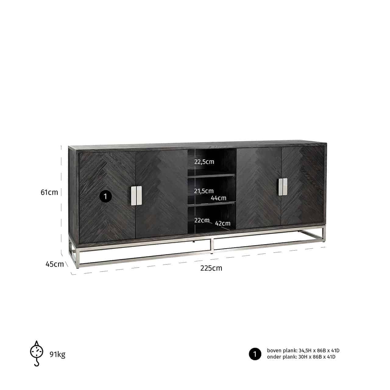 Dressoir Blackbone zilver 4-deuren + open vak (Zwart rustiek)