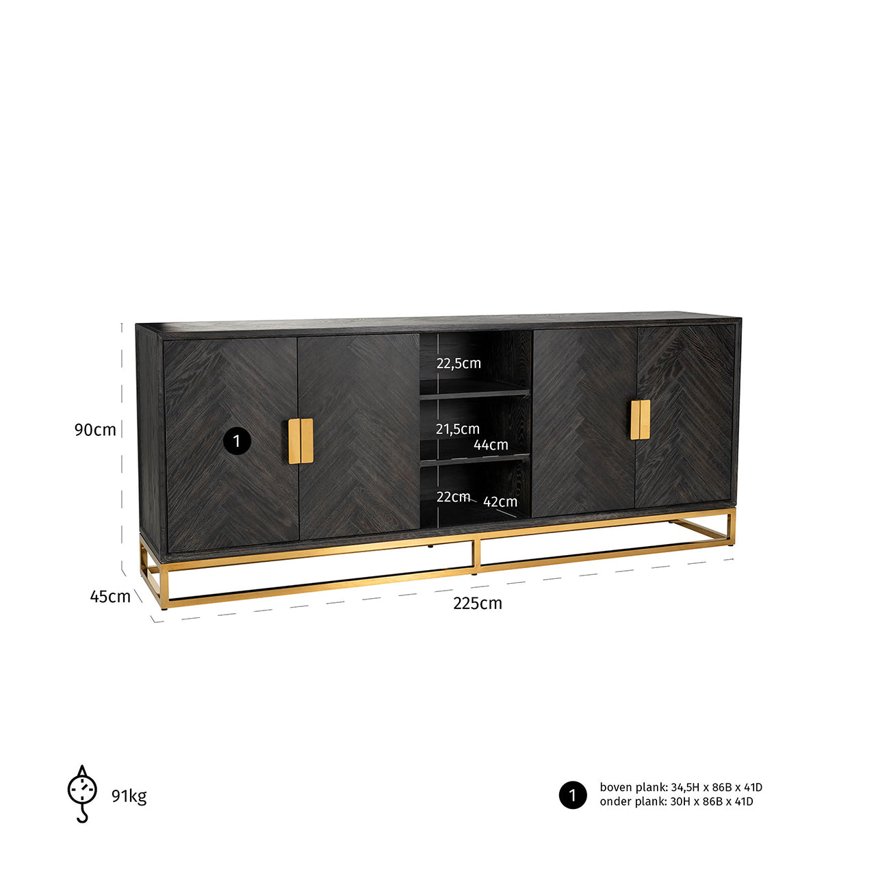 Dressoir Blackbone goud 4 deuren + open vak (Zwart rustiek)