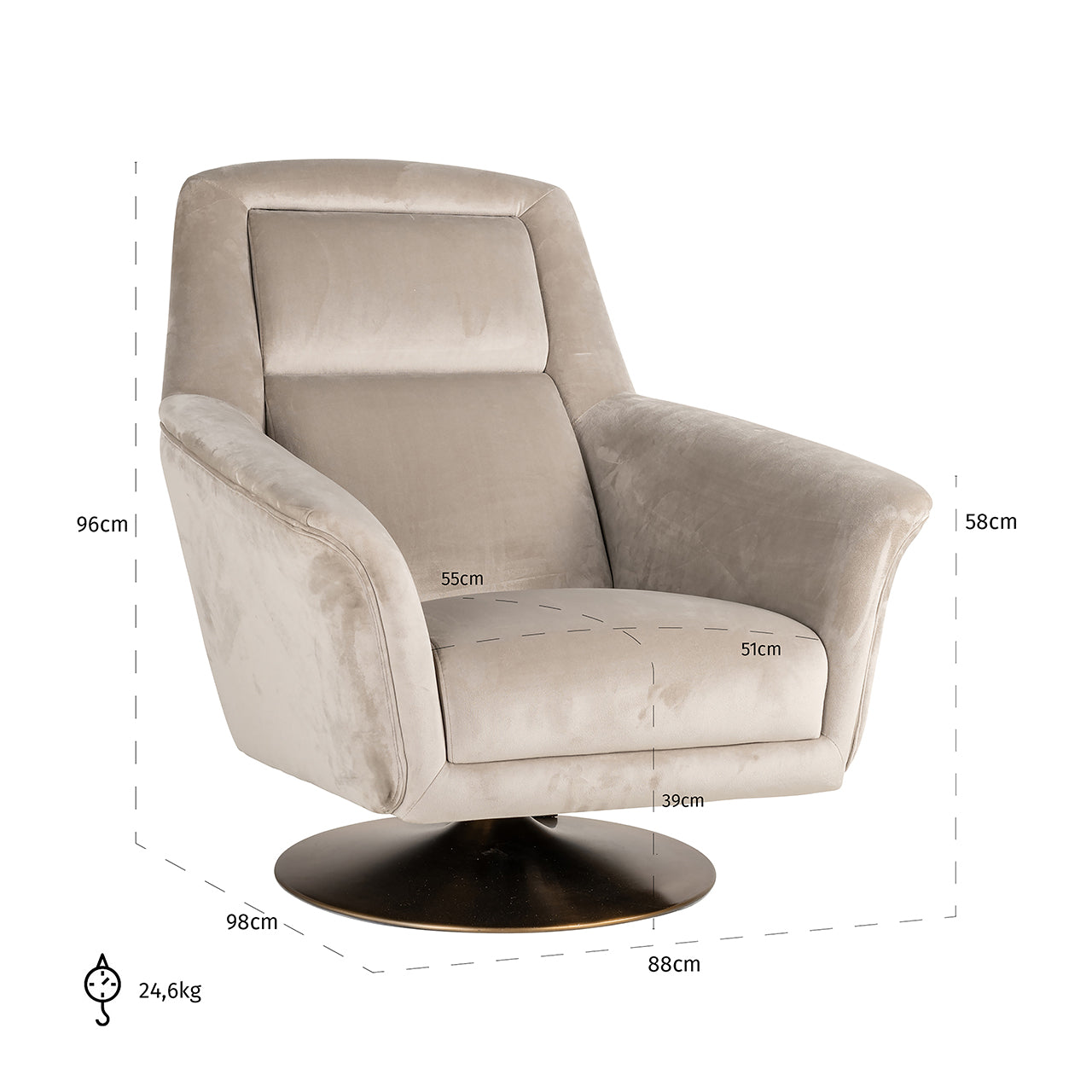 Draaifauteuil Nora khaki fluweel (Quartz Khaki 903)