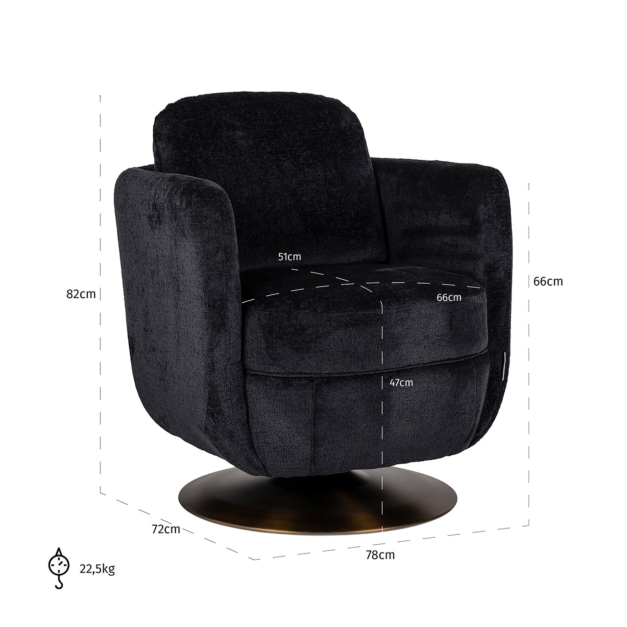 Draaifauteuil Turner zwart chenille (Bergen 809 zwart chenille)