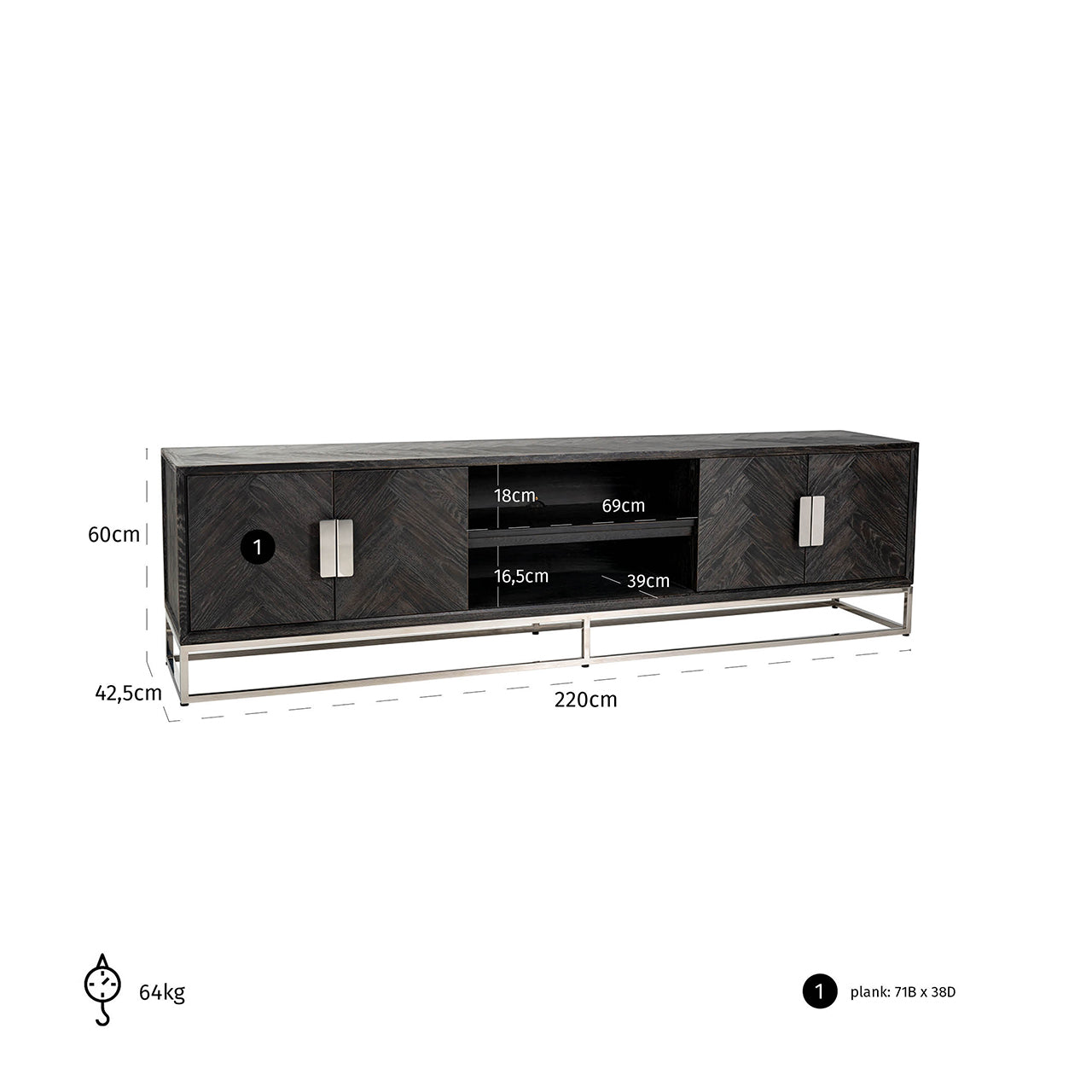 TV-meubel Blackbone zilver 4-deuren 220 (Zwart rustiek)